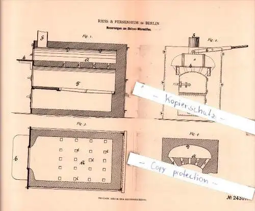 Original Patent - Riess & Fersenheim in Berlin , 1883 , Neuerungen an Bolzen-Wärmöfen !!!