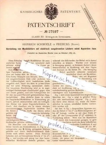 Original Patent - H. Schmoele in Freiburg , Baden , 1883 ,  Musilkalische Instrumente !!!