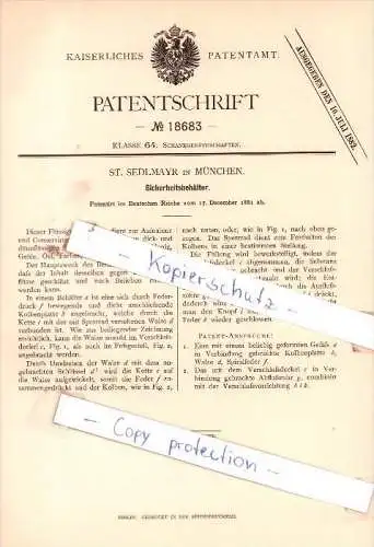 Original Patent - St. Sedlmayr in München , 1881 , Sicherheitsbehälter !!!