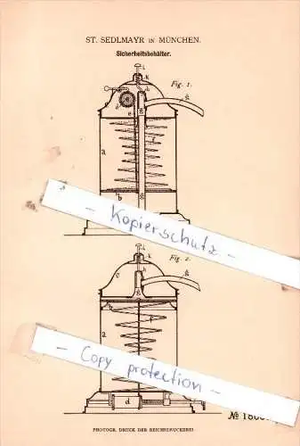 Original Patent - St. Sedlmayr in München , 1881 , Sicherheitsbehälter !!!