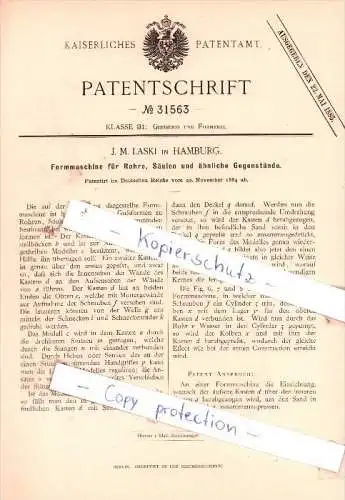 Original Patent - J. M. Laski in Hamburg , 1884 , Formmaschine für Rohre !!!