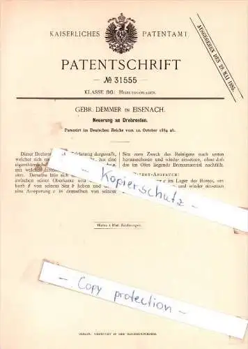 Original Patent - Gebr. Demmer in Eisenach , 1884 , Neuerung an Drehrosten !!!