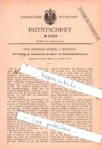 Original Patent -  Paul Friedrich Hübner in Zschopau , 1886 , Dampfmaschinen !!!