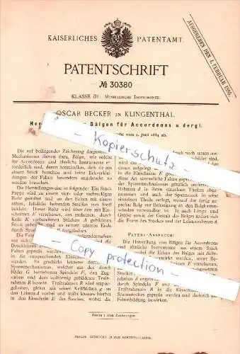 Original Patent - Oscar Becker in Klingenthal , 1884 , Musikalische Instrumente !!!