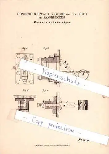 Original Patent - H. Ochwadt in Grube von der Heydt bei Saarbrücken , 1884 ,  !!!