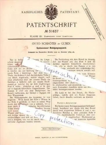 Original Patent - Otto Schröter in Guben , 1884 , Speisewasser-Reinigungsapparat !!!