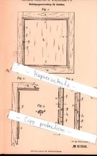 Original Patent - Eduard Richter in Waldheim i. S. , 1894 ,  Befestigungsvorrichtung für Scheiben !!!