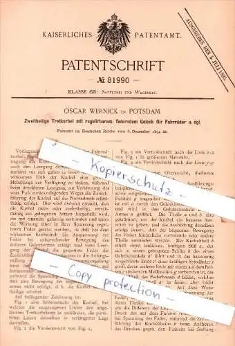 Original Patent - Oscar Wernick in Potsdam , 1894 , Tretkurbel mit Gelenk für Fahrräder !!!