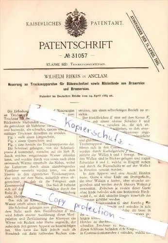 Original Patent - Wilhelm Riekes in Anklam i. Mecklenburg , 1884 , Brauerei - Trockenapparat !!!