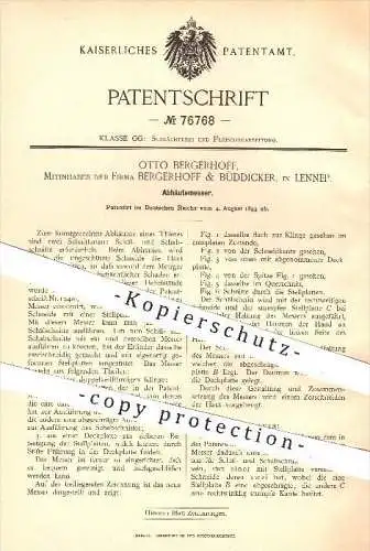 original Patent - Otto Bergerhoff , Bergerhoff & Büddicker in Lennep , 1893 , Abhäutemesser , Messer , Schlachterei !!