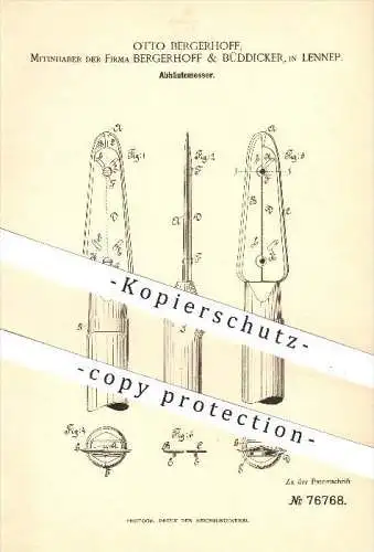 original Patent - Otto Bergerhoff , Bergerhoff & Büddicker in Lennep , 1893 , Abhäutemesser , Messer , Schlachterei !!