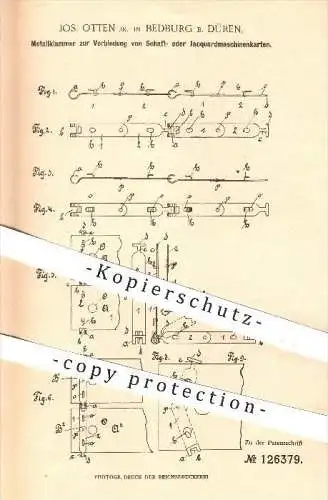 original Patent - Jos. Otten Jr. in Bedburg bei Düren , 1900 , Metallklammer für Schaft- oder Jaquardmaschinenkarten !