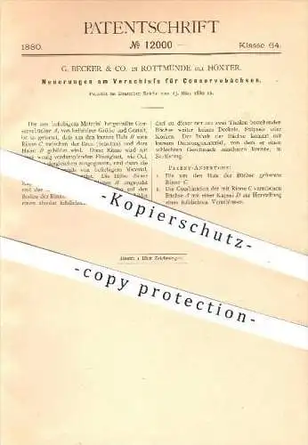 original Patent - G. Becker & Co. in Rottmünde bei Höxter , 1880 , Verschluss für Konservenbüchsen , Konserven , Blech !