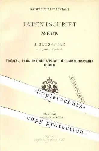 original Patent - J. Blossfeld , Laucha , Unstrut , 1880 , Apparat zum Trocknen , Darren , Rösten , Trockenvorrichtung