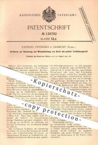 original Patent - R. Ostreijko , Satkuny , Russland , 1901 , Gewinnung und Wiederbelebung von Kohle , Kohlen , Meiler !!