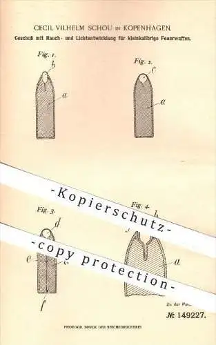 original Patent - Cecil Vilhelm Schou in Kopenhagen , 1902 , Geschoss für Kleinkaliber - Waffen , Feuerwaffe , Waffe !!!