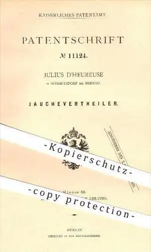 original Patent - Julius D'heureuse , Schmetzdorf bei Bernau , 1880 , Jaucheverteiler , Jauche , Dünger , Landwirtschaft