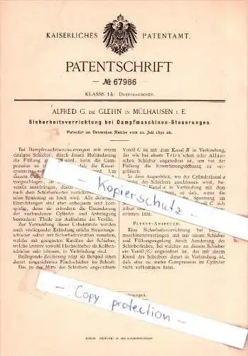 Original Patent -  Alfred G. de Glehn in Mülhausen i. E. / Mulhouse , 1891 ,  Dampfmaschinen !!!