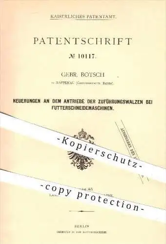 original Patent - Gebrüder Botsch in Rappenau , 1879 , Antrieb der Zuführungswalzen bei Futterschneidemaschinen !!