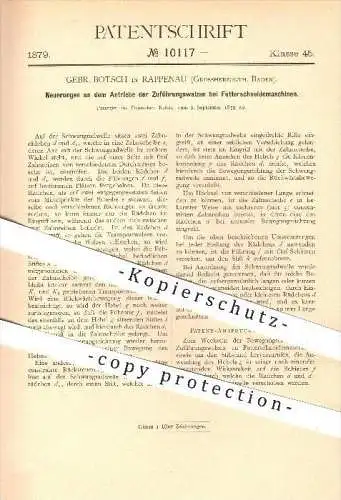 original Patent - Gebrüder Botsch in Rappenau , 1879 , Antrieb der Zuführungswalzen bei Futterschneidemaschinen !!