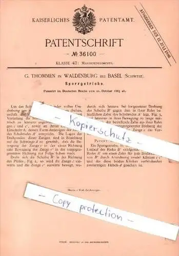 Original Patent - G. Thommen in Waldenburg bei Basel , Schweiz , 1885 , Sperrgetriebe !!!