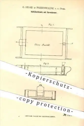 original Patent - G. Hilke in Freienwalde an der Oder , 1879 , Kalklöschbank mit Vorwärmer , Kalk , Hochbau , Bau !!!