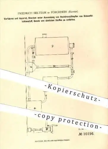 original Patent - F. Seltsam , Forchheim , 1879, Entfetten von Knochen mit Hochdruckdampf , Benzin , Schwefelkohlenstoff