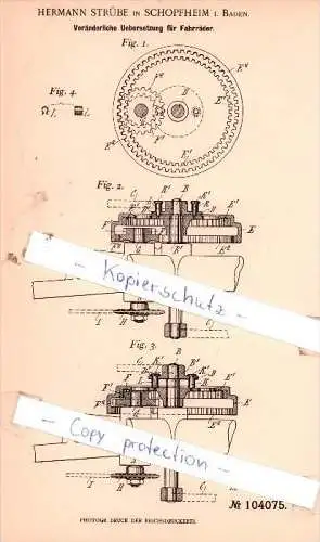 Original Patent - H. Strübe in Schopfheim i. Baden , 1897 ,  Veränderliche Uebersetzung für Fahrräder !!!