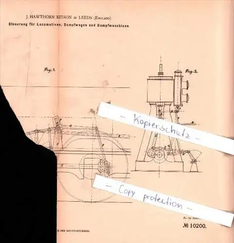 Original Patent - J. Hawthorn Kitson in Leeds , England , 1880 , Steuerung für Locomotiven !!!