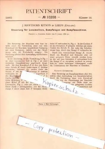 Original Patent - J. Hawthorn Kitson in Leeds , England , 1880 , Steuerung für Locomotiven !!!