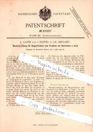 Original Patent -  L. Ganss und J. Seippel in Groß-Umstadt , 1892 , Trockenvorrichtungen für Brauerei , Bier !!!