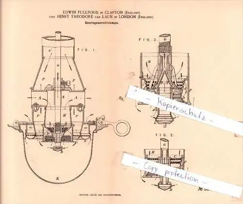 Original Patent -  E. Fullford in Clapton , England und H. T. van Laun in London , 1890 ,  !!!