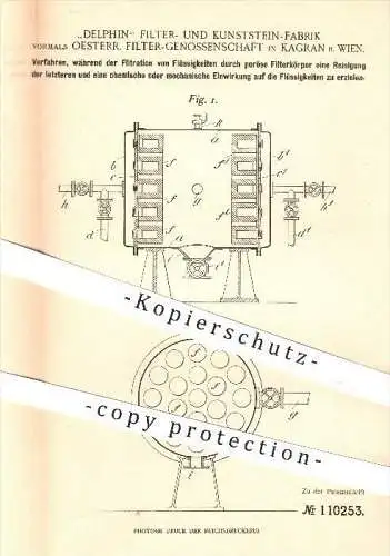 original Patent - Delphin Filter- u. Kunststein - Fabrik , Kagran , 1898 , Reinigung der Filterkörper während Filtration