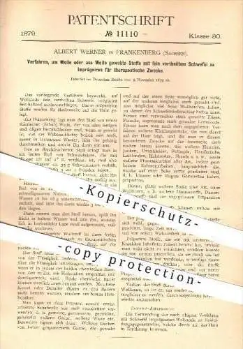 original Patent - Albert Werner in Frankenberg , 1879 , Imprägnieren von Wolle oder Stoff für therapeutische Zwecke !!!