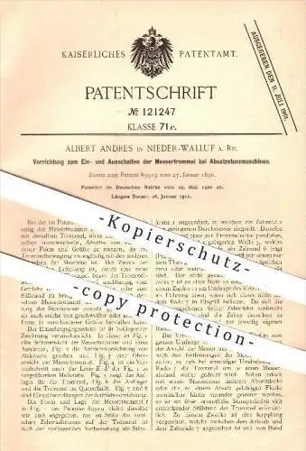 original Patent - Albert Andres , Nieder - Walluf , 1900 , Ein- u. Ausschalten der Messertrommel bei Absatzstanzmaschine