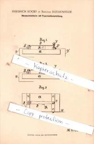 Original Patent - F. Kocke in Soolbad Rothenfelde , 1892 , Stromschlußtaste mit Feuermeldeeinrichtung !!!