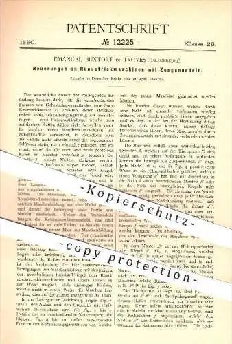 original Patent - Emanuel Buxtorf in Troyes , Frankreich , 1880 , Rundstrickmaschine mit Zungennadeln , Strickmaschinen