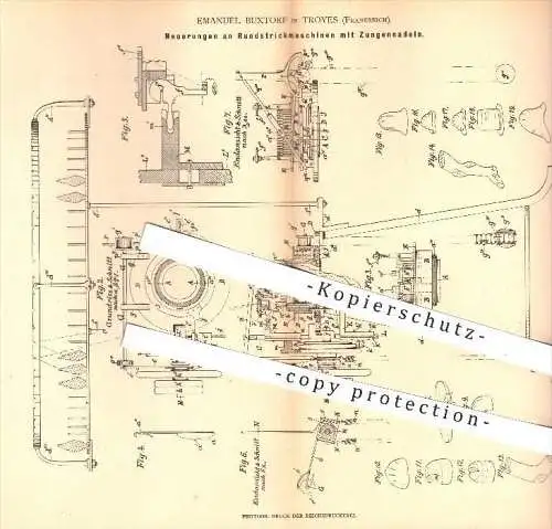 original Patent - Emanuel Buxtorf in Troyes , Frankreich , 1880 , Rundstrickmaschine mit Zungennadeln , Strickmaschinen