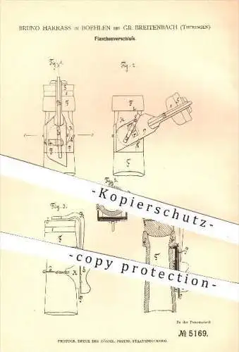 original Patent - Bruno Harrass , Boehlen , Gr. Breitenbach , 1878, Flaschenverschluss , Flasche , Flaschen , Verschluss