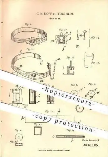 original Patent - C. M. Dopf in Pforzheim , 1891 , Armband , Schmuck , Armschmuck , Armbänder , Goldschmied !!!