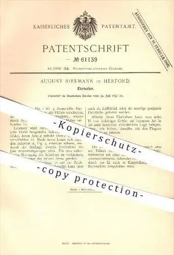 original Patent - August Siekmann in Herford , 1891 , Eierhalter , Eierbecher , Ei , Eier , Haushalt , Geschirr !!!