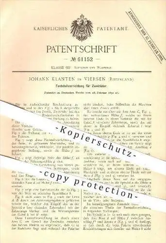 original Patent - Johann Klanten in Viersen , 1891 , Feststellvorrichtung für Zweiräder , Fahrrad , Fahrräder , Rad !!