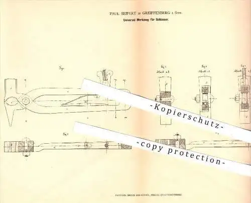 original Patent - P. Seifert , Greiffenberg , Schlesien , 1878 , Werkzeug für Schlosser , Schlosserei , Werkzeuge !!!