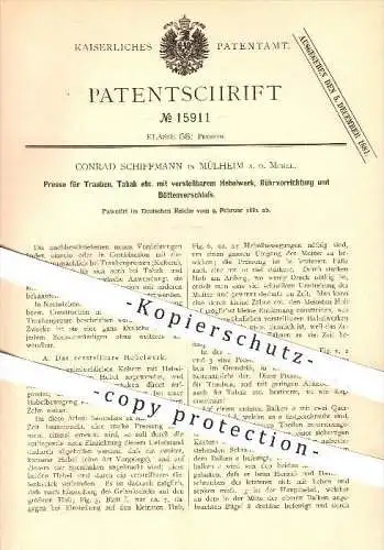 original Patent - C. Schiffmann , Mülheim , Mosel , 1881 , Presse für Trauben , Tabak mit Hebelwerk, Rührvorrichtung !!