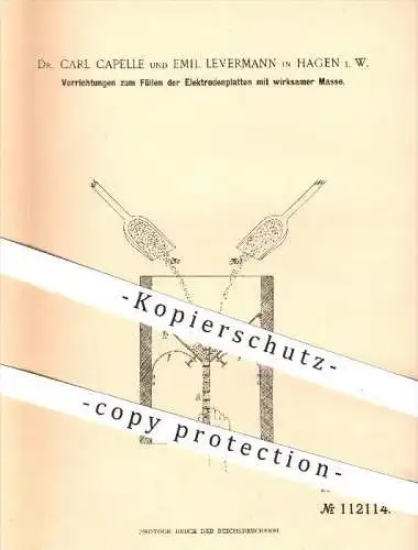 original Patent - Dr. Carl Capelle & Emil Levermann , Hagen , 1899 , Füllen der Elektroden - Platten mit wirksamer Masse