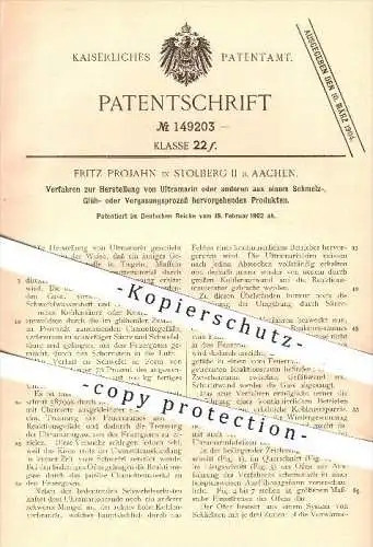 original Patent - Fritz Projahn in Stolberg II bei Aachen , 1902 , Herstellung von Ultramarin , Schmelzen , Glühen !!!