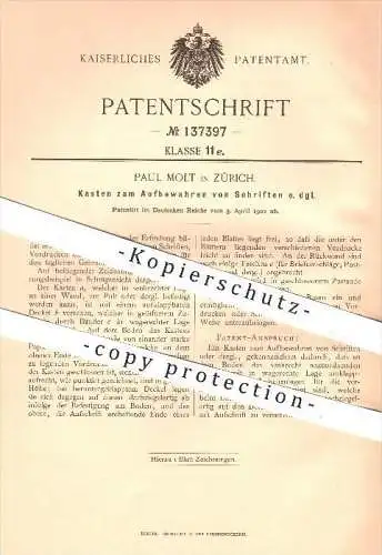 original Patent - Paul Molt in Zürich , 1902 , Kasten zum Aufbewahren von Schriften , Schriftstücke , Papier , Vordrucke