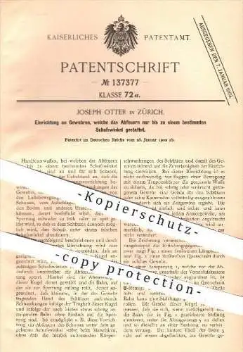 original Patent - Joseph Otter in Zürich , 1902 , Einrichtung an Gewehren , Gewehr , Waffen , Geschosse , Abfeuern !!!