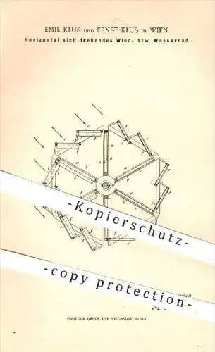 original Patent - Emil und Ernst Klus in Wien , 1898 , Horizontal sich drehendes Windrad bzw. Wasserrad , Windkraft !!!