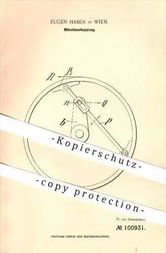 original Patent - Eugen Haber in Wien , 1898 , Mitnehmerkupplung , Kupplung , Kupplungen , Fahrzeugbau !!!